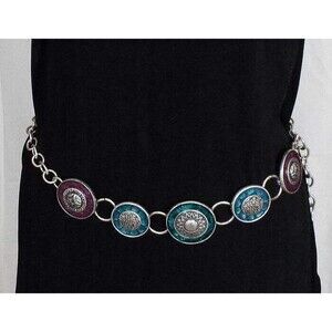 Chico's Colored Enameled Circular Metal Discs Chain Link Adjustable Belt